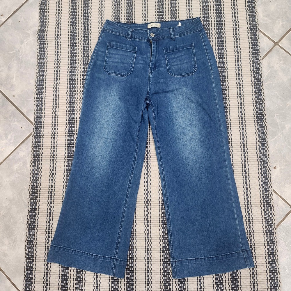 Luvamia Womens Wide Leg Jeans Medium Wash High Rise Patch Pocket Denim Size M